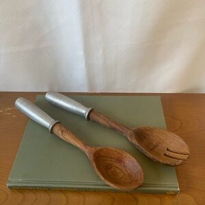 Vintage Handcrafted Rustic Wood And Pewter Salad Server Utensils Industrial Chic
